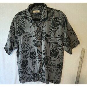 Tommy Bahama Silk Men's L Gray & Black Hibiscus Floral Hawaiian Shirt Button-Up